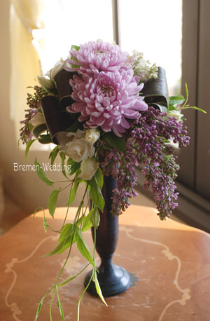 ダリアとライラックの和装ブーケ